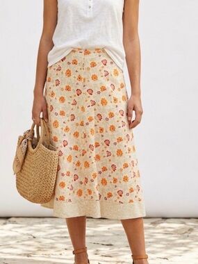 Eddie Bauer Linen Blend Floral Midi A-Line Skirt Size 10 Cream Orange Retro